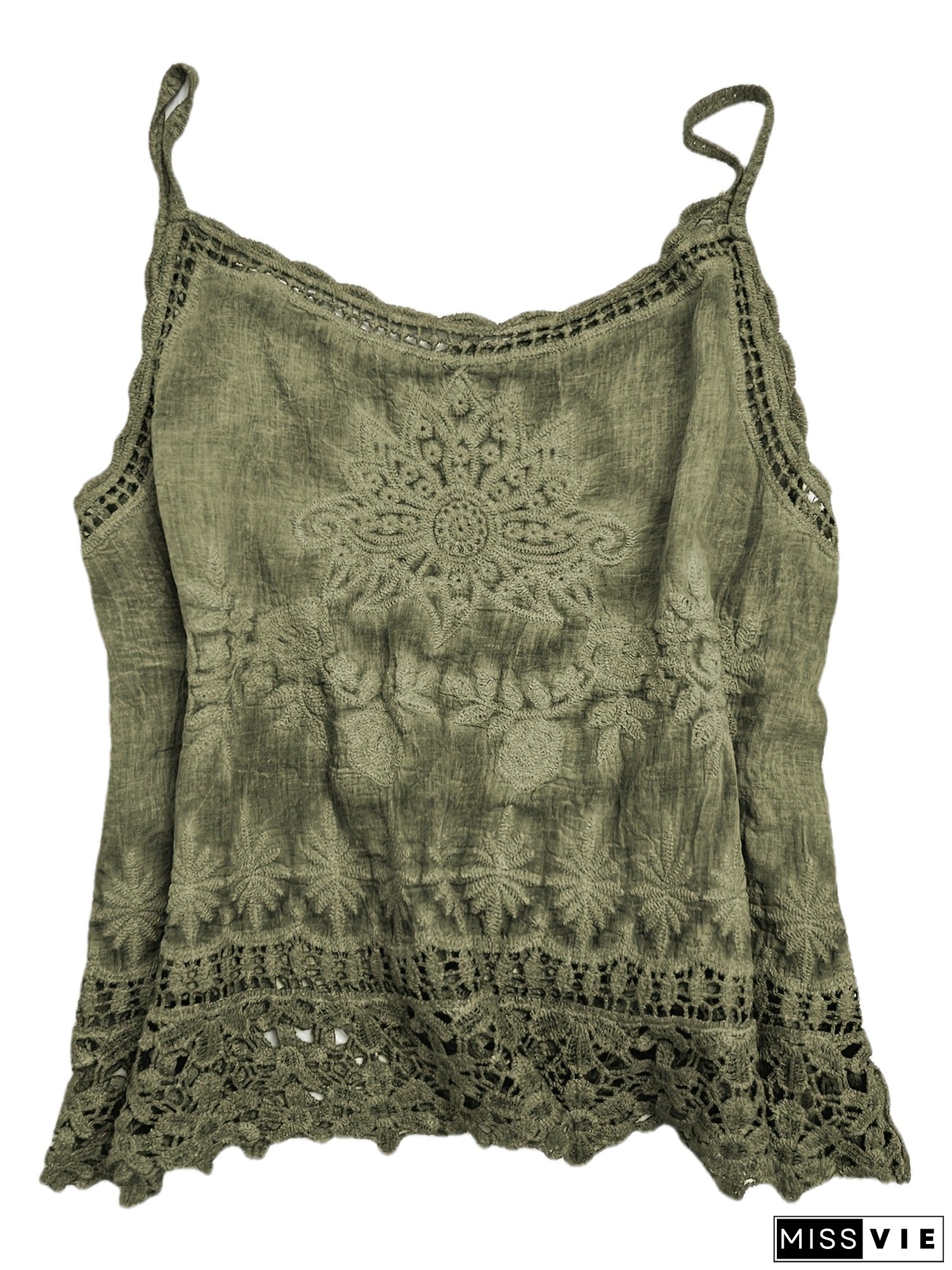 [Vintage Cami Top] Comfortable Vintage-Inspired Green Embroidered Cami Top | Loose Fit Sleeveless Beachwear with Hollow-Out Detailing - Versatile for Spring/Summer/Fall