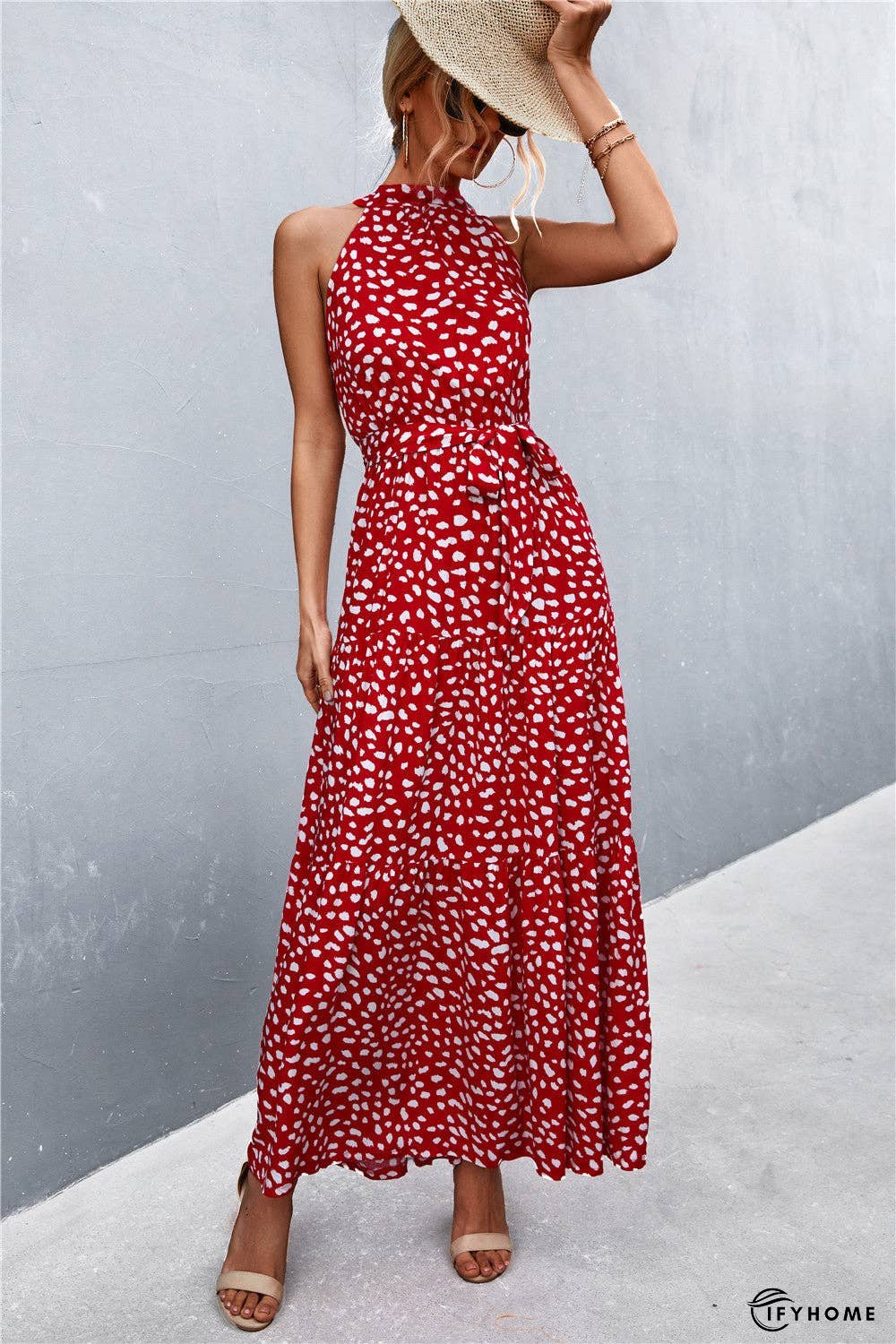Printed Sleeveless Tie Waist Maxi Dress | IFYHOME