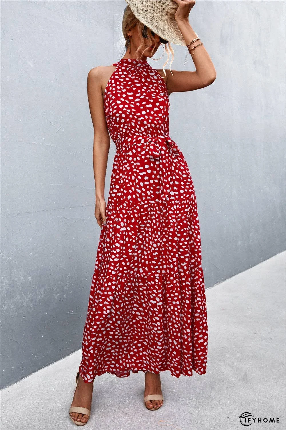 Printed Sleeveless Tie Waist Maxi Dress | IFYHOME