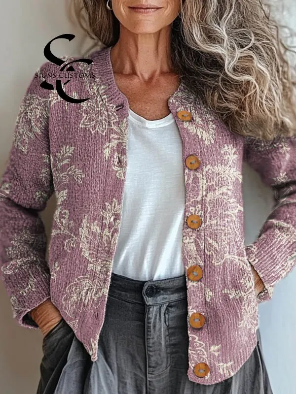 Women's Vintage Floral Art Print Buttoned Cardigan Sweater