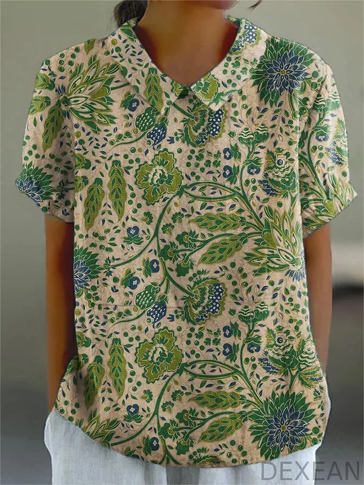 Women's Flower Art Print Casual Cotton And Linen Shirt