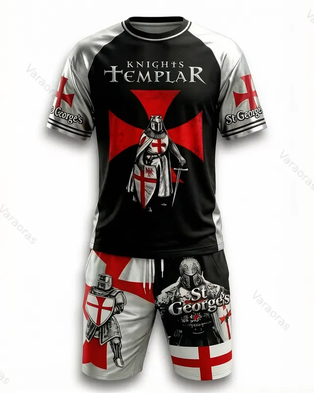 Men's Summer St. George's Day-themed Embroidered Print Short-Sleeve Shirt and Shorts Two-Piece Set 4688