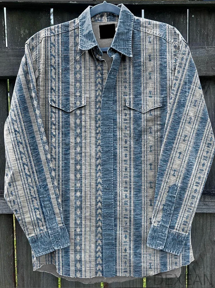 Men's Blue and Gray Stripes Vintage Stripe Print Casual Shirt