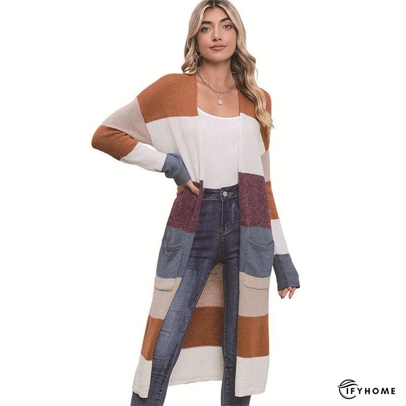 Contrasting Striped Open Front Twist Flower Mid-Length Sweater | IFYHOME