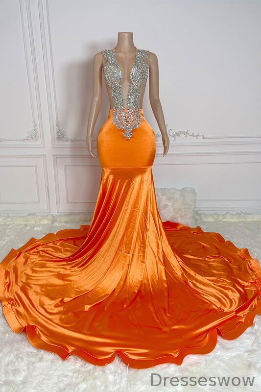 Dresseswow Orange Sleeveless Mermaid Formal Dresses Long With Beadings Crystals On Sale