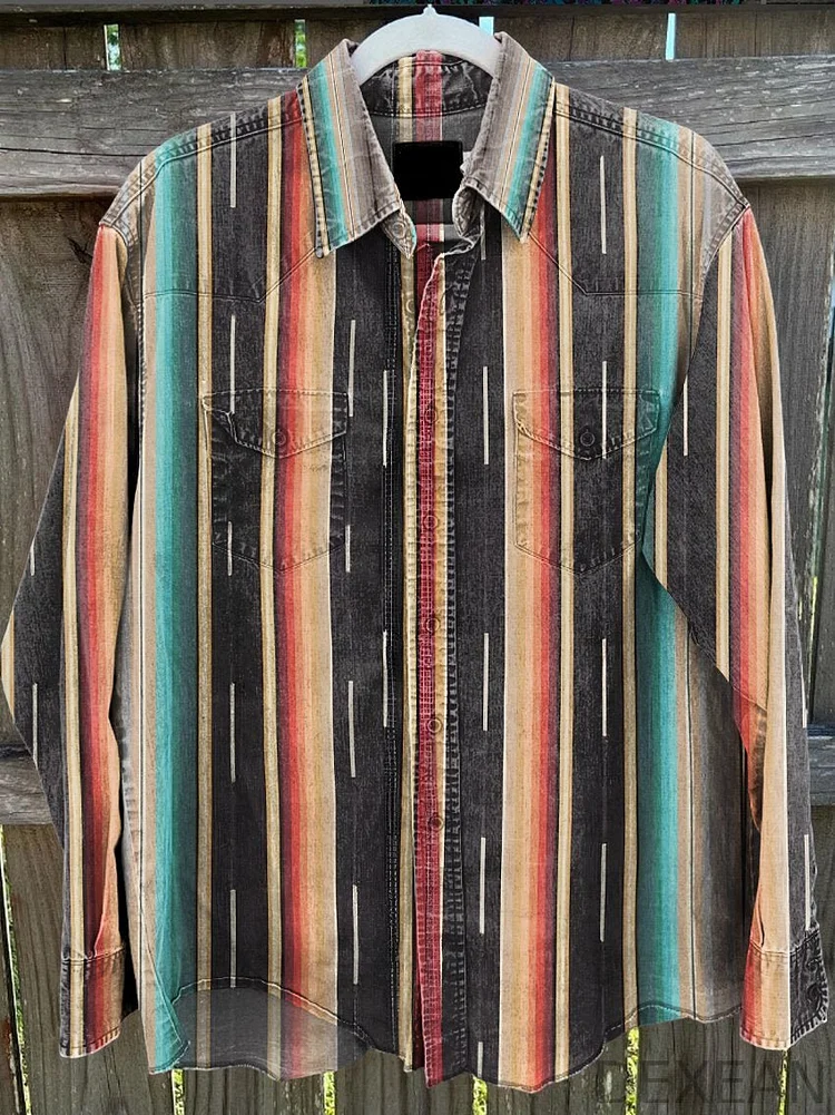 Aztec,ethnic, Western Vintage Stripe Print Casual Shirt