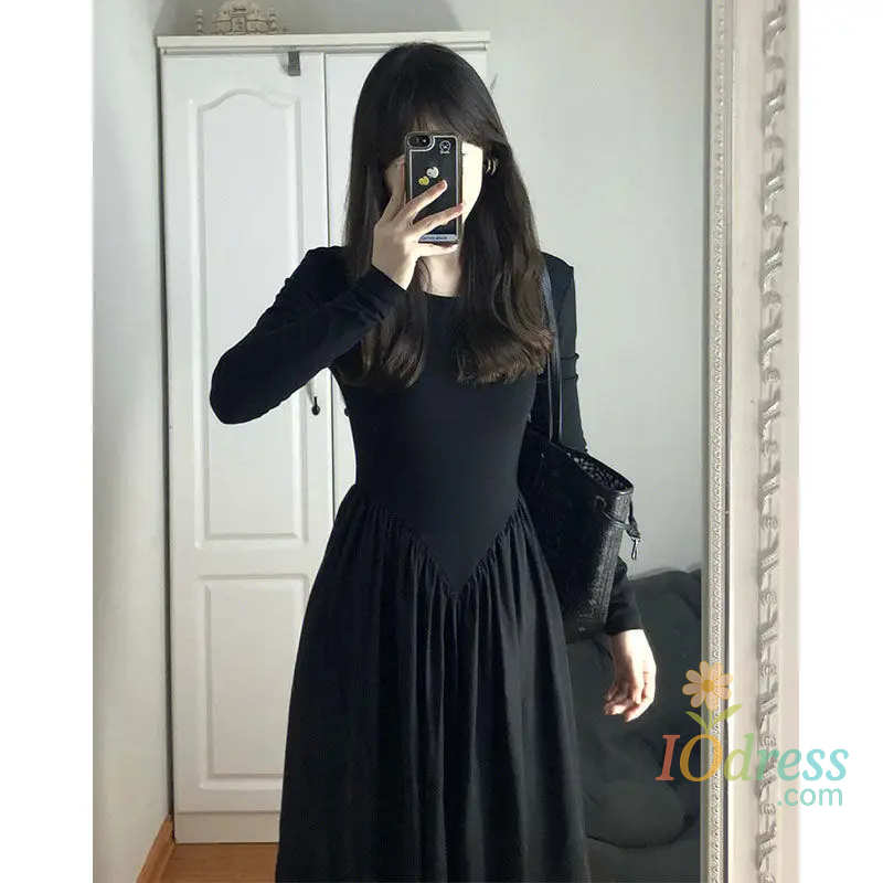 IO Dress Elegant French Style Long Sleeve Black Dress For Women Korean Version 2024 Early Autumn Commuting A- line Inner Long Dress