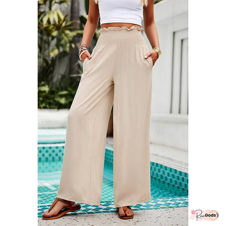 Pockets Elastic Waist Band Smocked Wide Leg Pant