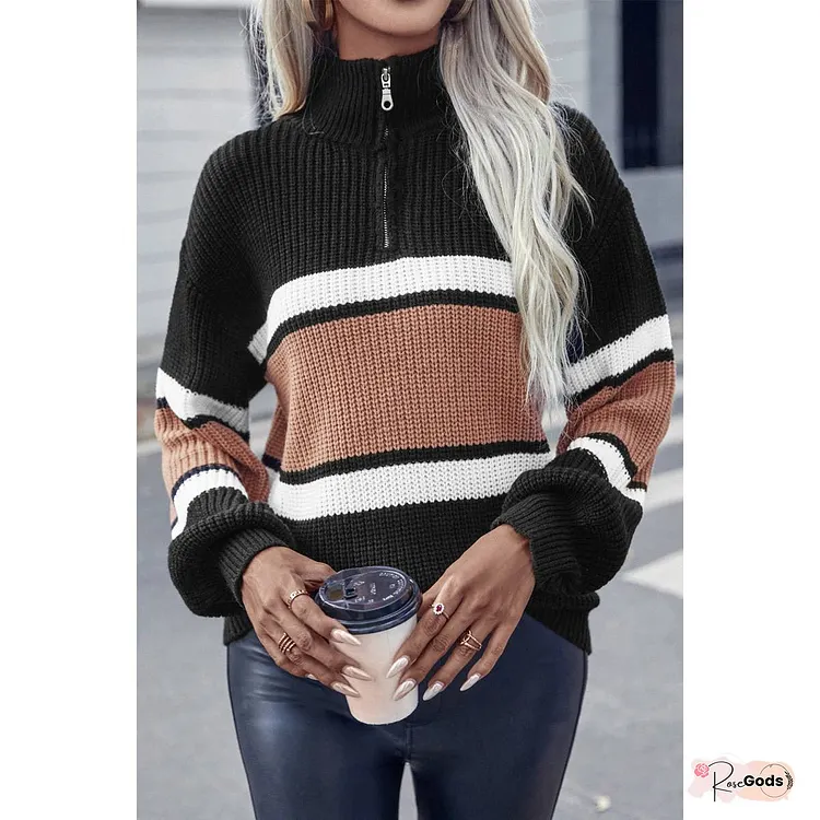 Half Zipper Strip Knit Loose Fit Sweater