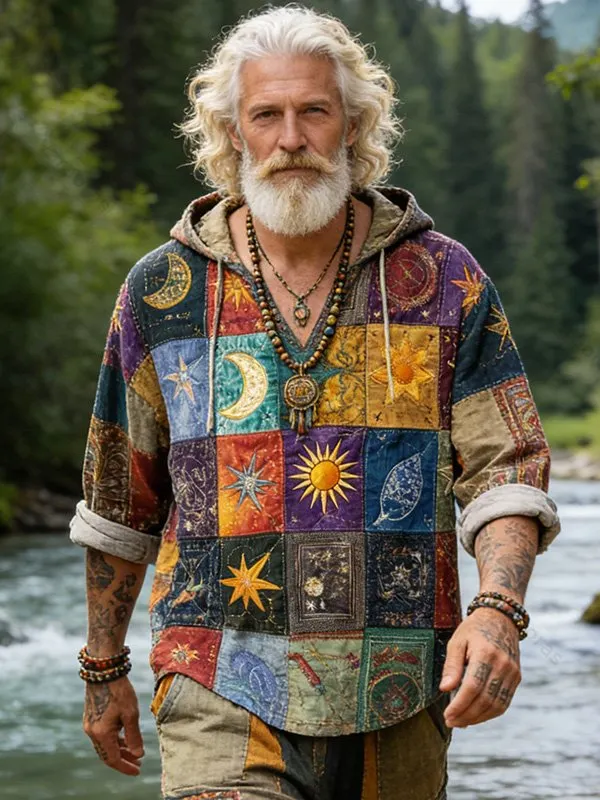 Men's Hippie Patchwork Sun Moon Art Print Hooded Shirt f63b
