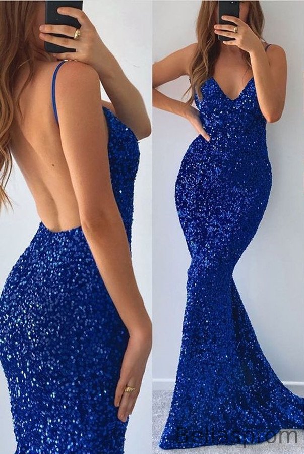 Bellasprom Royal Blue Mermaid Sequins Prom Dress Spaghetti-Straps Backless Bellasprom