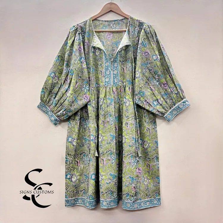 Midi & Mini Floral Block Print Dress &ndash; Deep Neck with String Closure