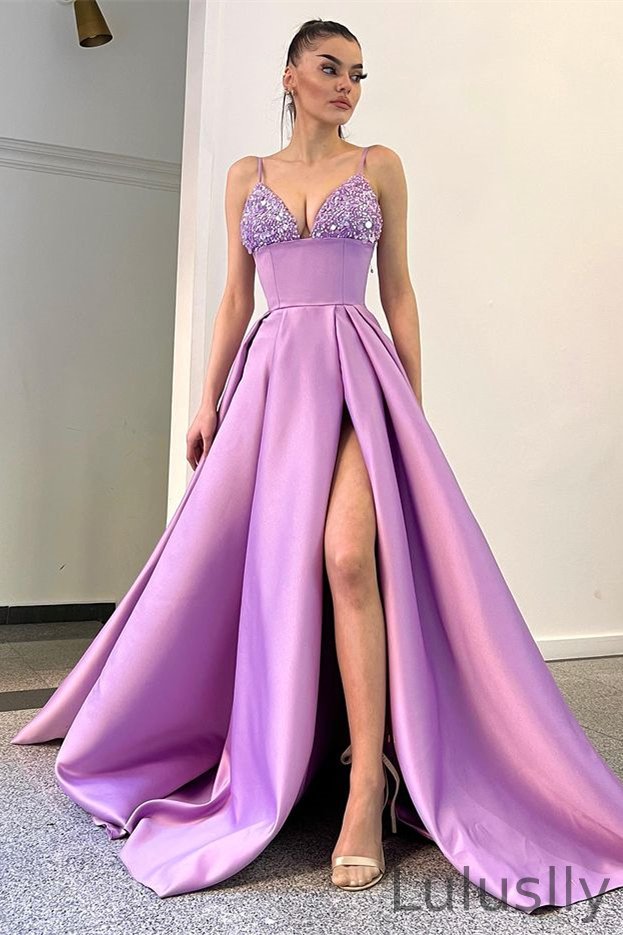 Luluslly Lilac Spaghetti-Straps V-Neck Prom Dress Sleeveless With Sequins Split