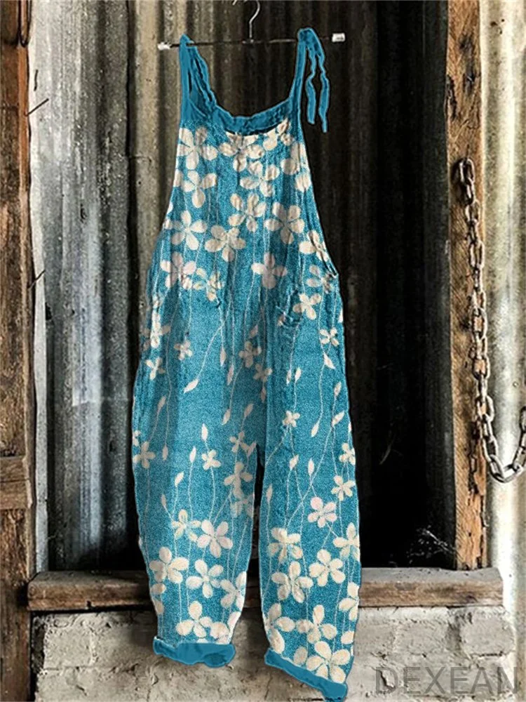 Floral Tie Dye Art Print Linen Blend Casual Jumpsuit
