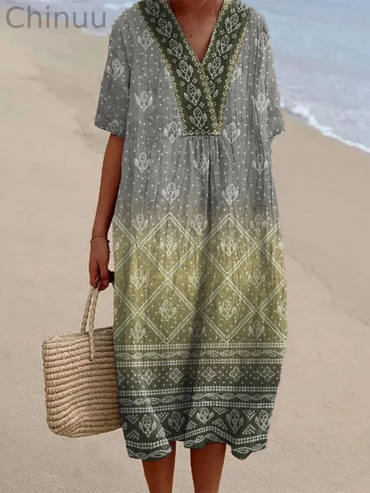 Japanese Art Floral Pattern Linen Blend Midi Dress