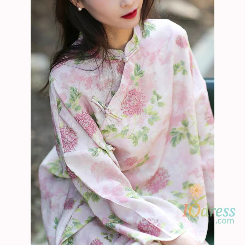 IO Dress Spring Summer New Chinese Style Women Stand Collar Loose Long Dress Improved Qipao Vintage Button Flower Print Dresses JM41