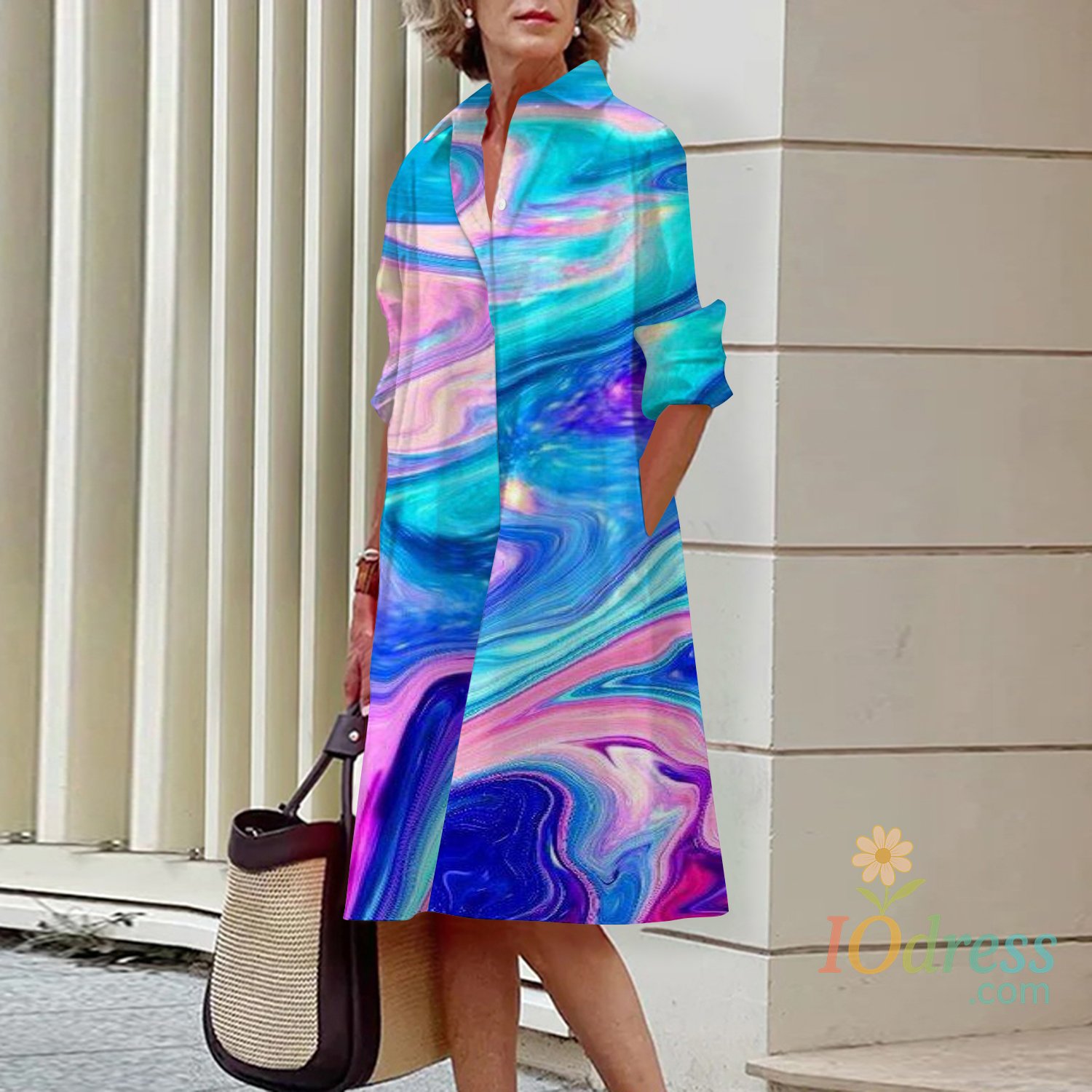IO Dress Fashion Retro Solid Color Women's Shirt Dress Casual V Neck Lapel Full Sleeve with Pockets Long Dress Autumn Lady Street Dresses IO Dress