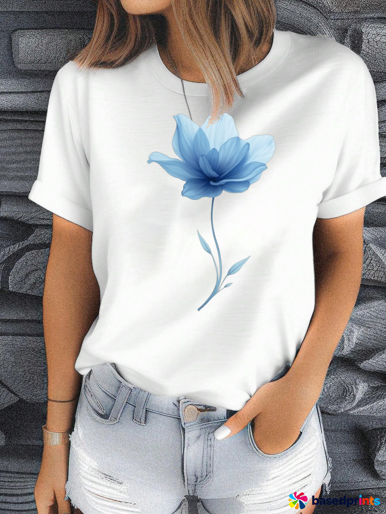White Short Sleeve T-Shirt with Blue Flower Print