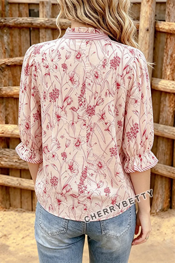 Vintage Floral Print Striped Collar Top