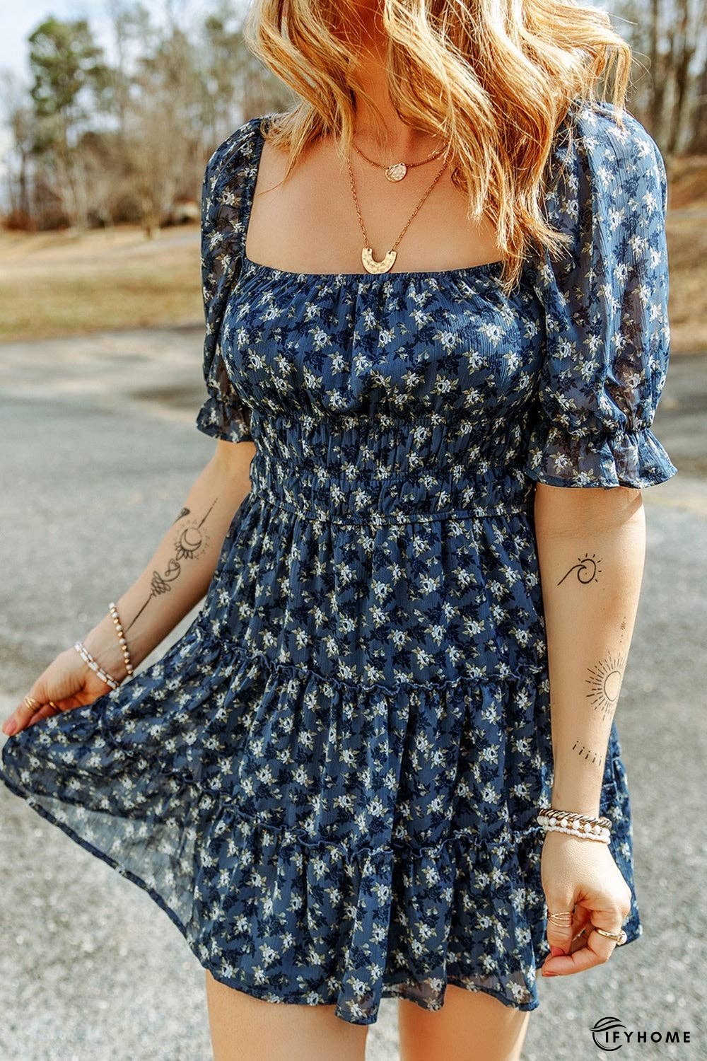Printed Square Neck Short Sleeve Dress | IFYHOME