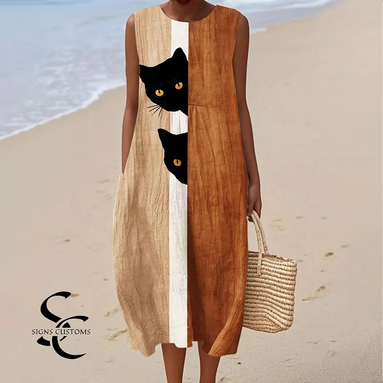 Women's Vintage Abstract Geometric Black Cat Art Print Sleeveless Cotton Pocket Wrap Dress