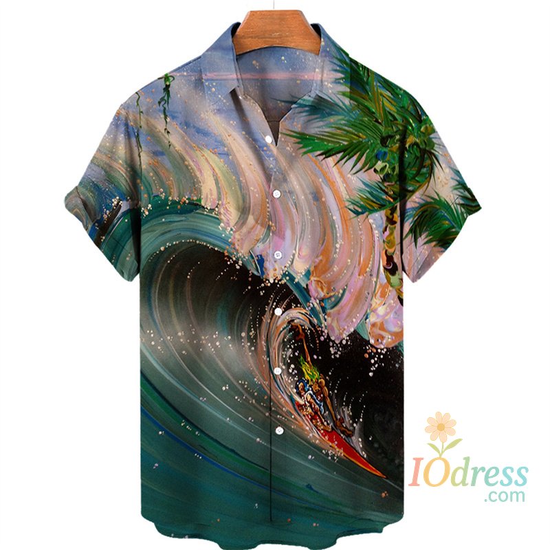 IO Menswear Tropical Palm 3d Print Hawaiian Shirt For Men Summer Beach Street Short Sleeves Tops Harajuku Holiday Lapel Button Loose Blouse