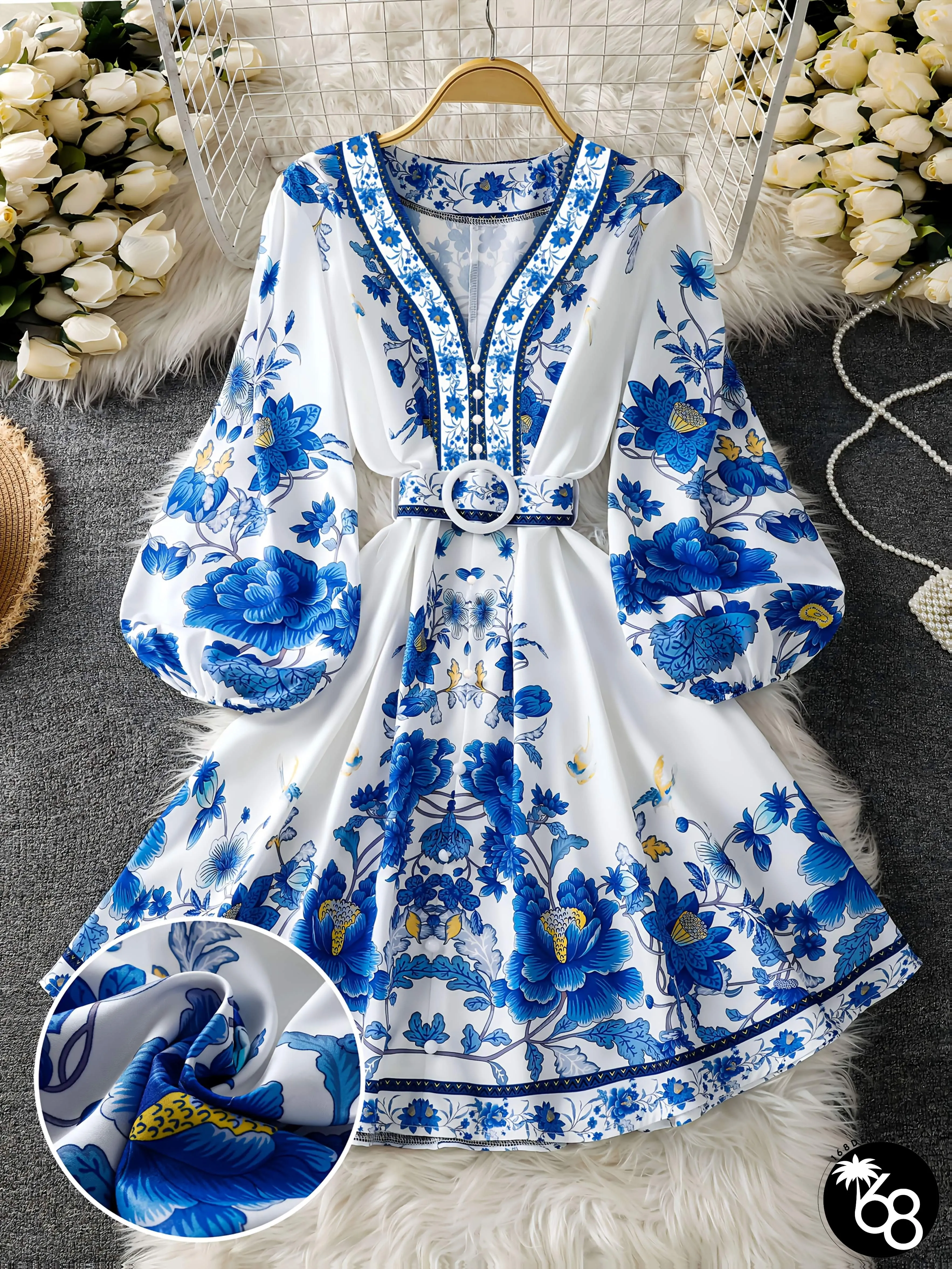 Bohemian Blue Floral Dress Womens SpringSummer V-neck Long bell sleeves Fitted corset | 168DEAL