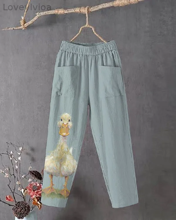 Women's Cute Duck Print Loose Cropped Casual Pants