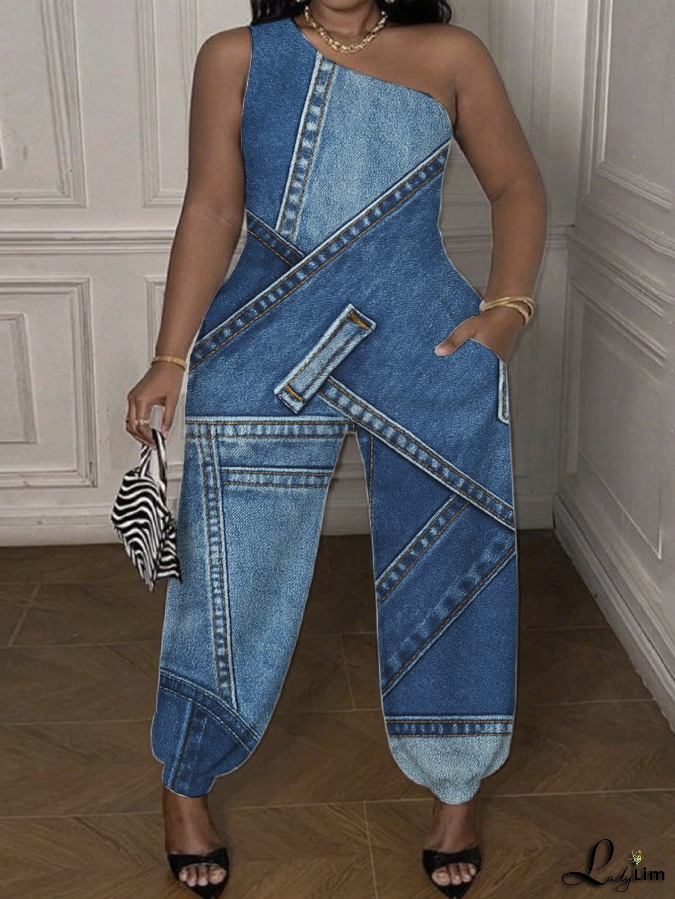 [Denim Print/Imitation Denim] Print Jumpsuit Blue Geometric Patchwork Casual for women PODMS064, Jean Jumpsuits for Women, Weekend Style, Spring Fashion, Asymmetrical Print, Trendy Jumpsuit, Denimlook Fabric, Comfortable Fit, Women's Jumpsuit