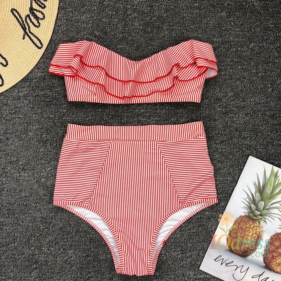IO Dress Sexy Striped Ruffled Bikini 2020 Bandeau Push Up Swimwear Women Swimsuit High Waist Bikinis Set Swimming for Women Bathing Suits