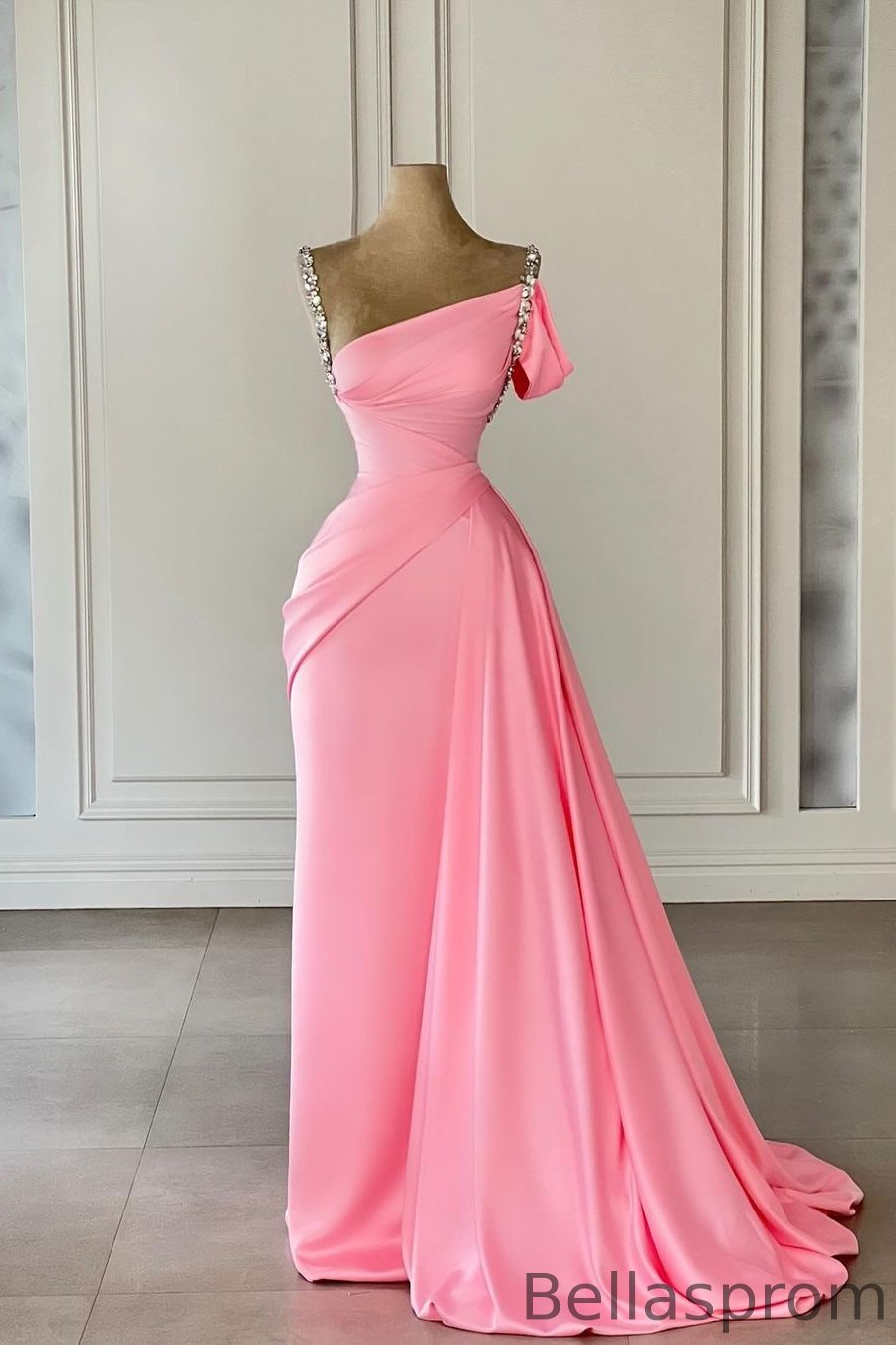Bellasprom Pink Straps Off-the-Shoulder Sleeveless Mermaid Prom Dress With Ruffles Beads Bellasprom