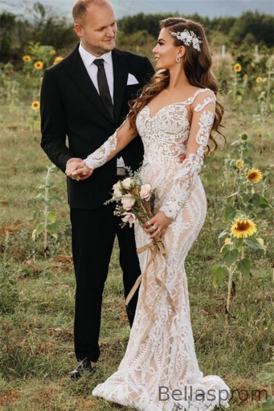 Bellasprom Lace Wedding Dress Long Sleeves Illusion Mermaid Bellasprom