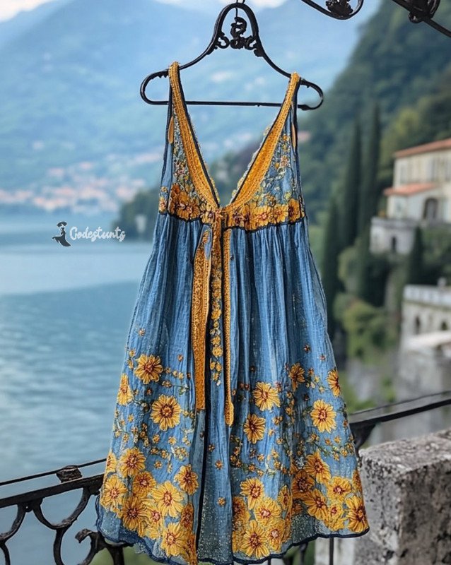 Summer Vacation Linen Sunflower Dress 9b22