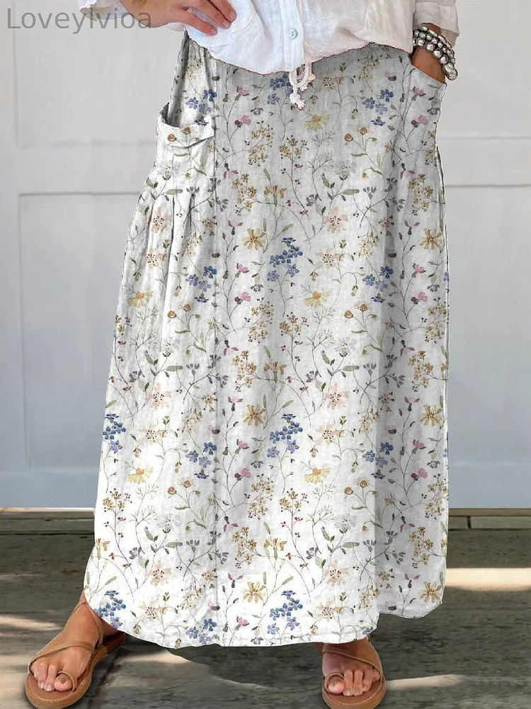 Women's Vintage Floral Art Linen Pocket Skirt