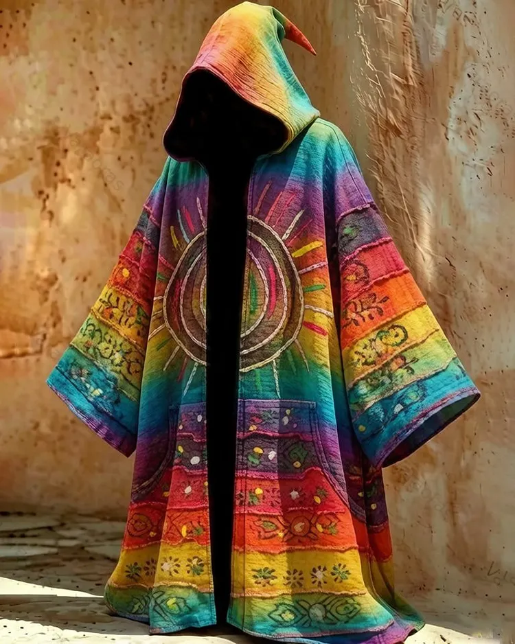 Men's Summer Fashion Boho-Style Embroidered Linen Hooded Cape 9051