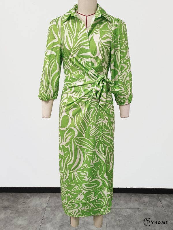 A-Line High Waisted Elasticity Printed Tied Waist Lapel Midi Dresses Shirt Dress | IFYHOME