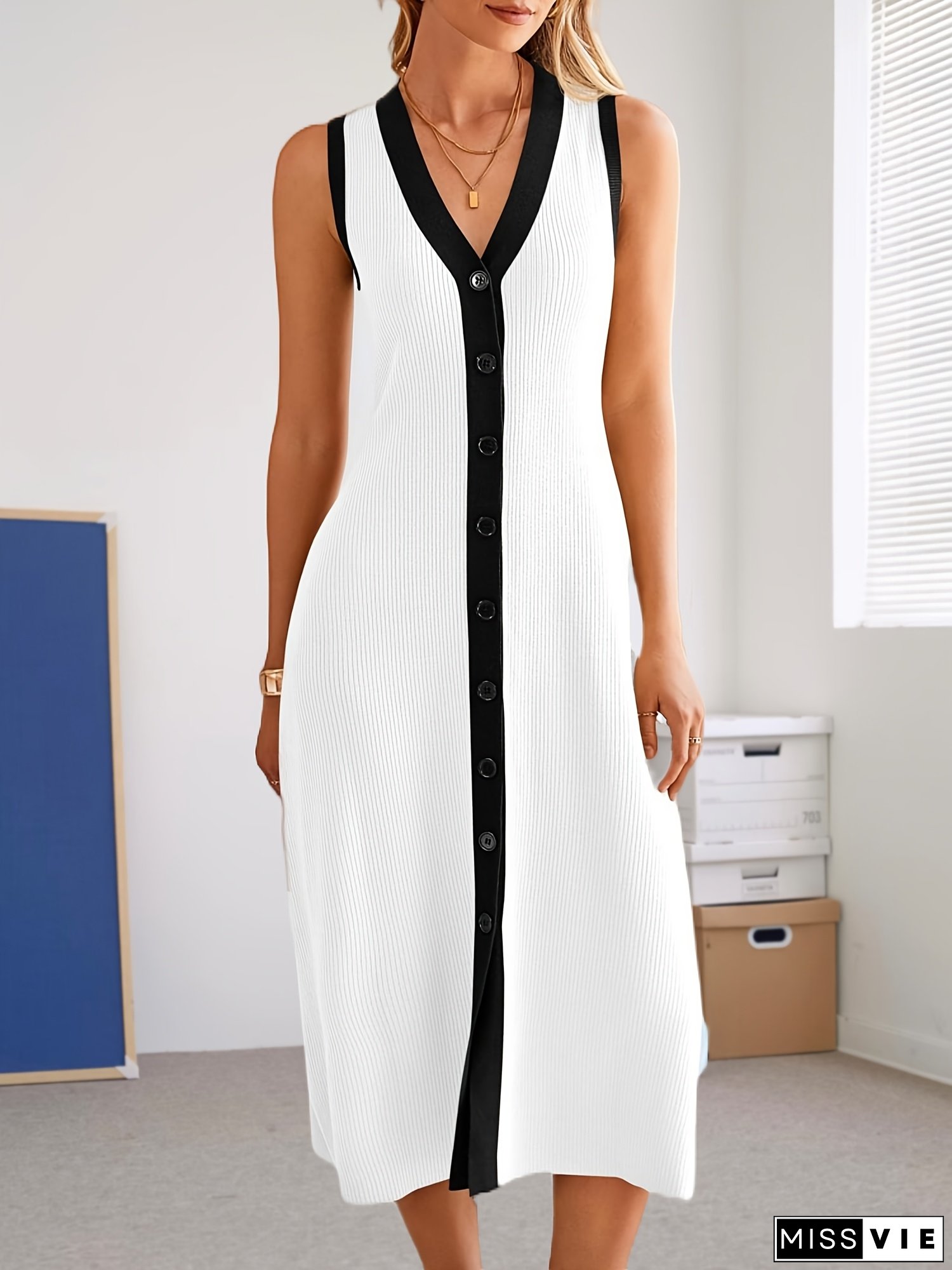 Women's Summer Button Sweater Dress &ndash; Sleeveless, V Neck, Casual Ribbed Knit, Color Block Long Tank Dress
