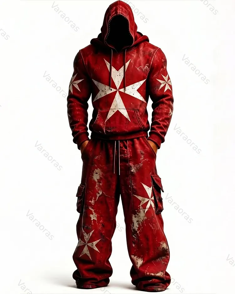 Men's Color-Blocked Cultural Cross Embroidered Distressed Hoodie and Pants Two-Piece Set 2572