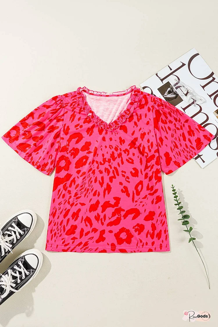 Leopard Frilly V Neck Short Sleeve Blouse