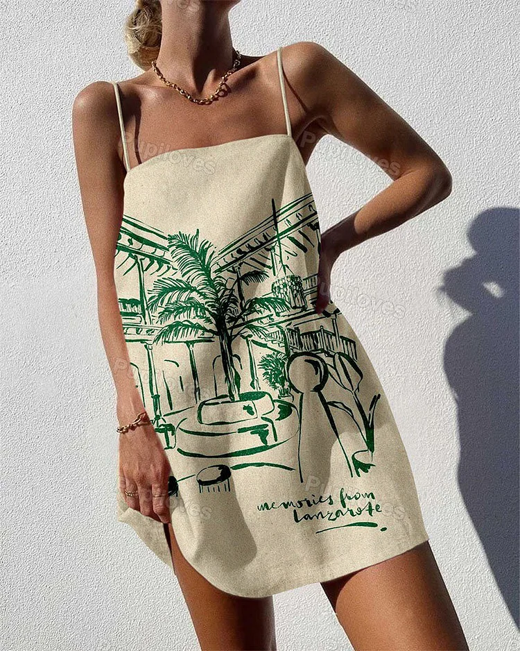 Pupiloves Pupiloves Stylish Coconut Tree Print Sling Mini Dress