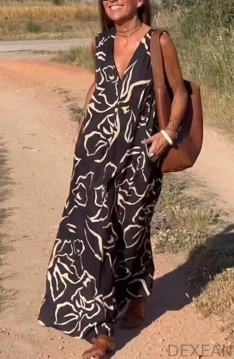 Women's Casual Printing V Neck Mixi Dress