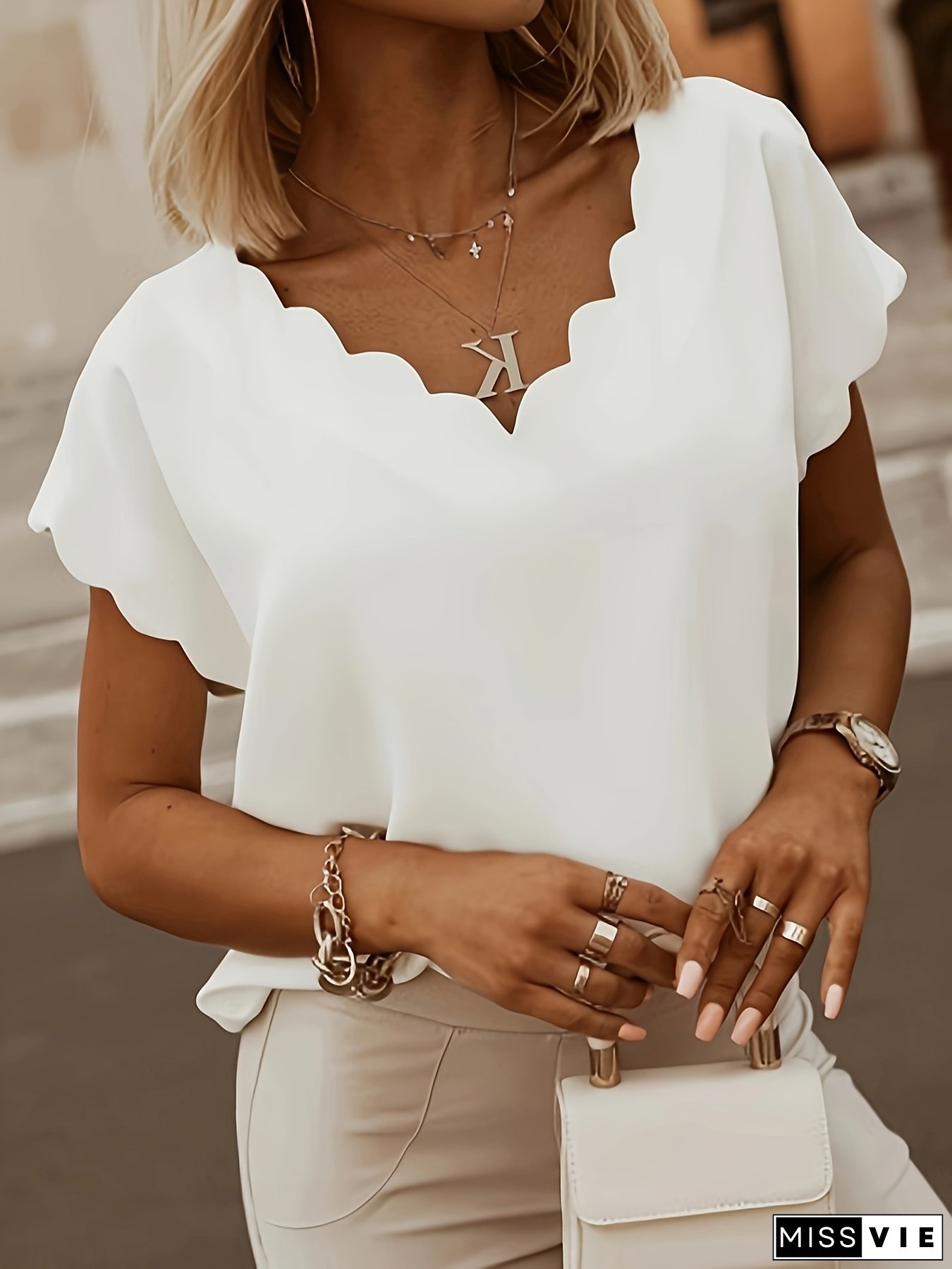 Women's White Ruffled V-Neck Blouse - Elegant Puff Sleeve Top with Cat Ear Detail, Perfect for Commute & Date, Spring/Summer Shirt, Casual Attire|Ruffled Sleeve Top|Vneckline Top