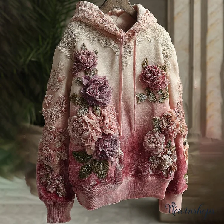 Women's Rose Embroidery Gradient Art Cozy Hooded Sweatshirt