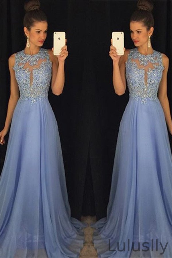 Luluslly Sleeveless Chiffon Long Prom Dress With Lace Appliques