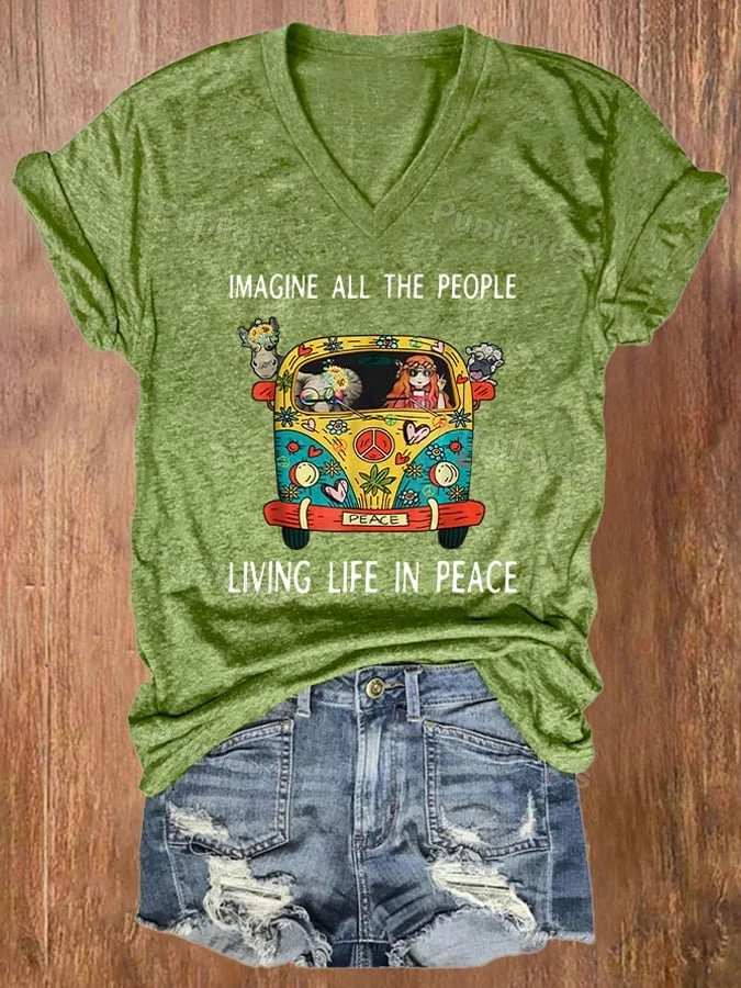 Pupiloves Pupiloves V-neck Retro Hippie Imagine All The People Living Life In Peace Print T-Shirt