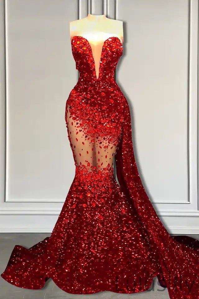 Classy Red Sweetheart Sequins Evening Gown Mermaid With Ruffle - lulusllly