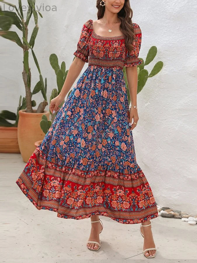 Bohemian Print Square Neck Swing Dress