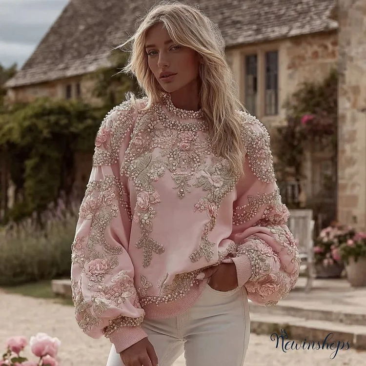 Women's Pink Floral Embroidery Art Crew Neck Casual Sweatshirt