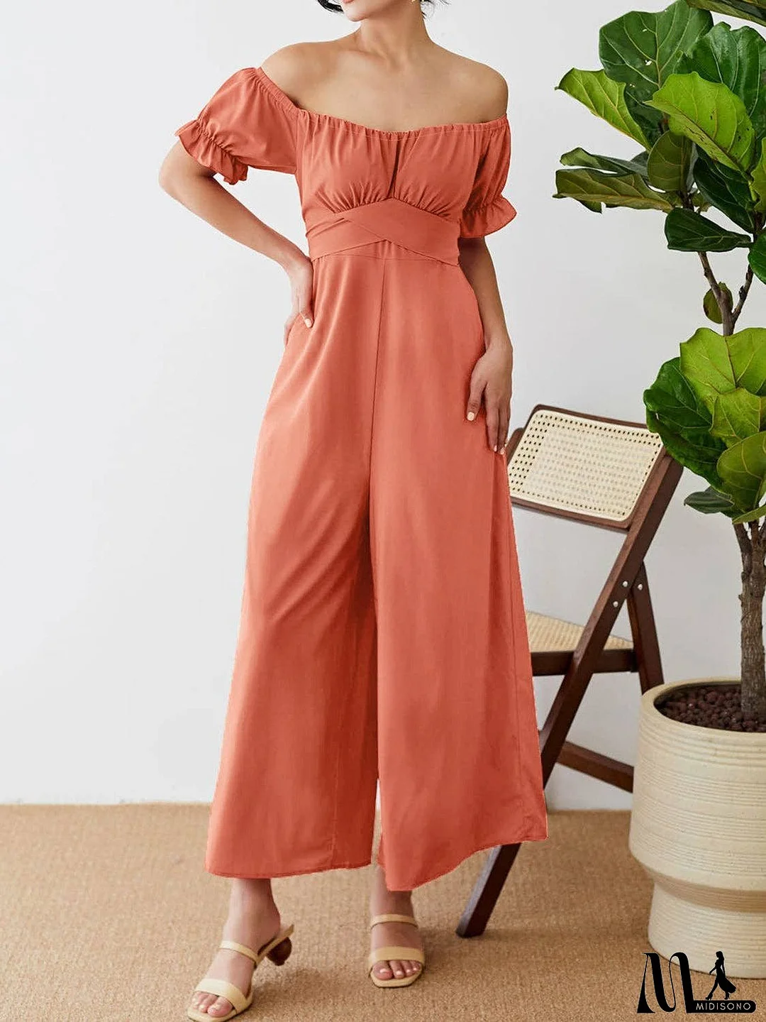 Off-Shoulder Short Sleeve Wide Leg Jumpsuit