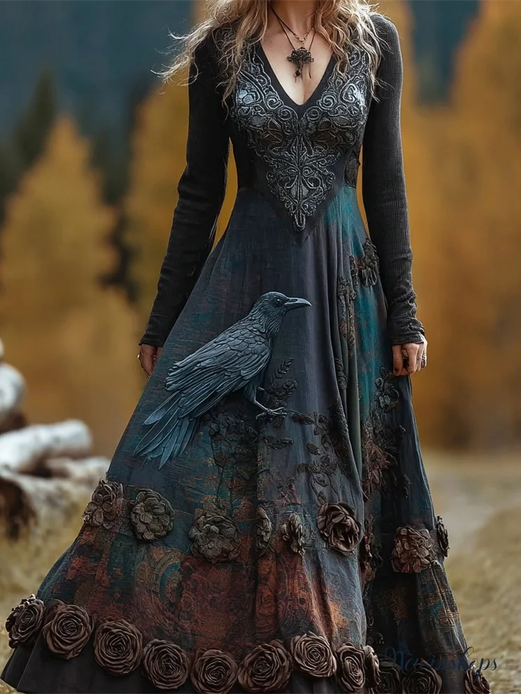 Halloween Crow & Rose Witch Art Women's V-neck Long-sleeve Maxi Dress